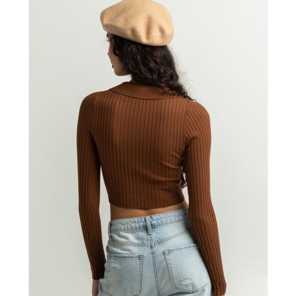 TILLY'S FULL TILT Mid Brown Ribbed Collared Zipper Cropped Long Sleeve Sweater - Picture 6 of 6